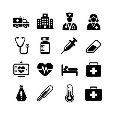 Tıbbi ikon koleksiyonunun vektör sanatı sağlık hizmetleri, acil bakım ve tıbbi ekipmanları temsil etmektedir.