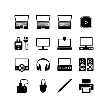 Beyaz arkaplanda izole edilmiş çeşitli elektronik aygıtlar ve bilgisayar çevresel vektör sanatı