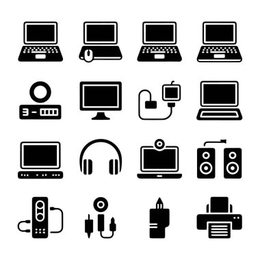 Beyaz arkaplanda izole edilmiş bilgisayar ve çokluortam aygıtları koleksiyonu vektör sanatı