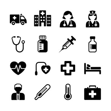 Beyaz arka planda izole edilmiş çeşitli tıbbi ve sağlık ikonlarının vektör sanatı