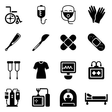 Beyaz arkaplanda izole edilmiş tıbbi ekipman ikonları koleksiyonunun vektör sanatı