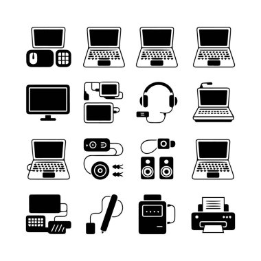 Beyaz arkaplanda izole edilmiş elektronik aygıtlar ve bilgisayar çevresel simgelerinin vektör sanatı