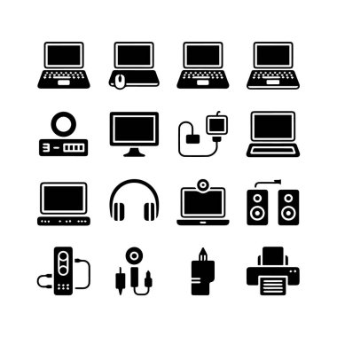 Beyaz arkaplanda izole edilmiş bilgisayar ve elektronik aygıt simgeleri koleksiyonunun vektör sanatı