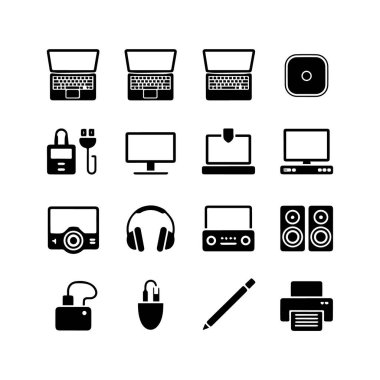 Beyaz arkaplanda izole edilmiş çeşitli bilgisayar ve elektronik aygıt simgelerinin vektör sanatı