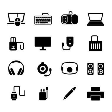 Beyaz arkaplanda izole edilmiş çeşitli bilgisayar ve elektronik aygıt simgeleri koleksiyonunun vektör sanatı