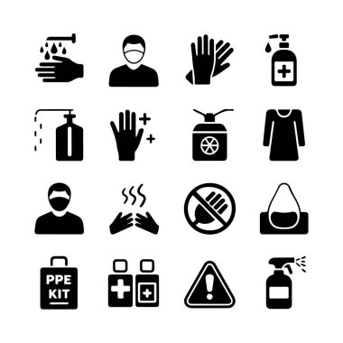Temel hijyen ve güvenlik önlemleri vektör sanatı beyaz arkaplanda izole edilmiş ikonlar olarak gösterilmiştir