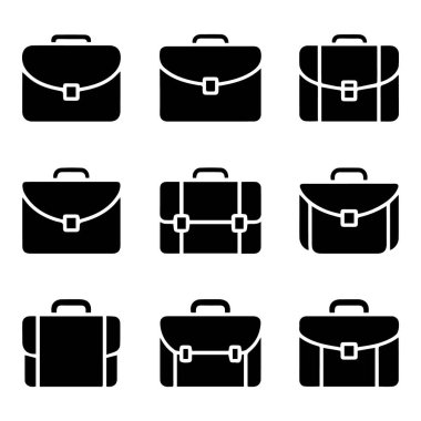 Beyaz arkaplanda izole edilmiş evrak çantaları koleksiyonunun vektör sanatı, iş ve profesyonel kullanım için farklı tasarımlar sergiliyor