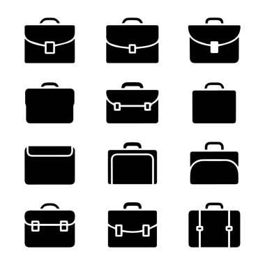 Beyaz arka planda izole edilmiş çeşitli evrak çantası simgelerinin vektör sanatı, iş ve iş çantalarının farklı tarzlarını temsil etmektedir.