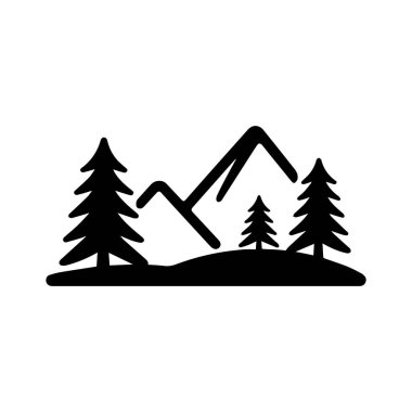 Beyaz arka planda izole edilmiş, çam ağaçları olan bir dağ silsilesinin vektör sanatı