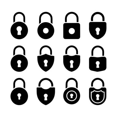 Beyaz arkaplanda izole edilmiş siyah asma kilit simgelerinin vektör sanatı güvenlik ve mahremiyeti temsil eder