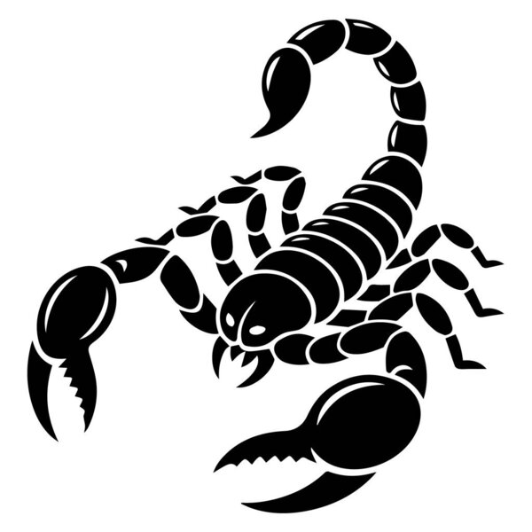 Отображается векторное искусство черного скорпиона с когтями и жалом, изолированное на белом фоне