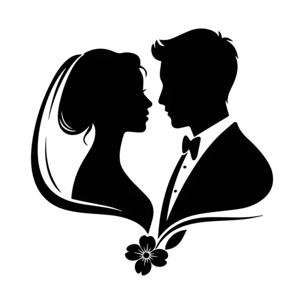 Gelin ve damadın siluet sanatını beyaz arka planda bir çiçekle izole ettim.