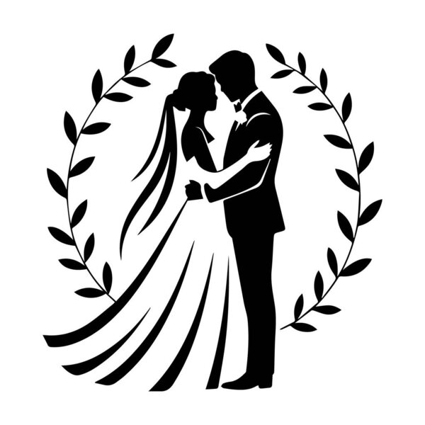 Векторное искусство силуэта невесты и жениха, обнимающих изолированный на белом фоне с листовым венком