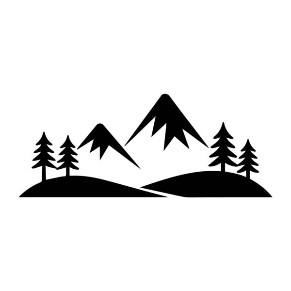 Vector art of a scenic mountain landscape with pine trees isolated on white background