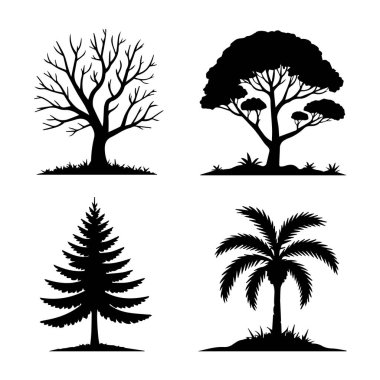 Beyaz arkaplanda izole edilmiş çeşitli ağaç türlerinin siluet vektör sanatı