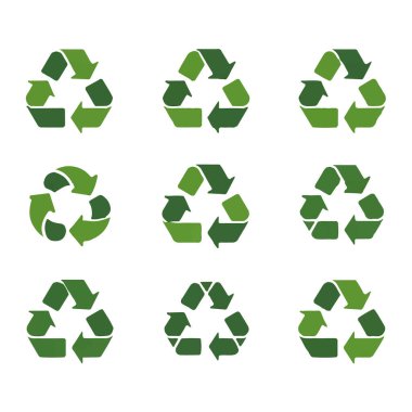 Yeşil geri dönüşüm sembolleri koleksiyonunun vektör sanatı, beyaz arka planda izole edilmiş çevresel farkındalığı ve sürdürülebilir uygulamaları teşvik eder