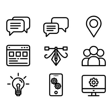 İletişimi, konumu, tasarım araçlarını ve beyaz arkaplanda izole edilmiş teknolojiyi temsil eden bir dizi simgenin vektör sanatı