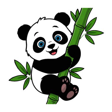 Tatlı bir pandanın vektör sanatı beyaz arka planda izole bir bambu sapına tırmanmaktır.