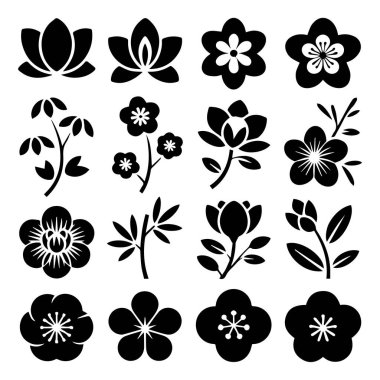 Beyaz bir arkaplanda zarif çiçek simgeleri ve semboller koleksiyonunun vektör sanatı