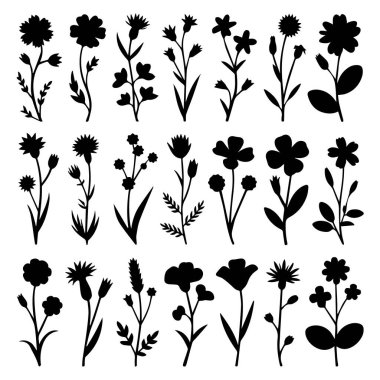 Beyaz arka planda izole edilmiş çeşitli çiçek siluetleri koleksiyonunun vektör sanatı, botanik zarafet ve sanatsal tasarım sergiliyor