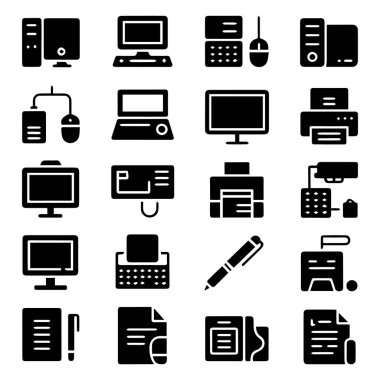 Beyaz arka planda izole edilmiş çeşitli bilgisayar ve ofis ekipmanlarının siluetleri vektör sanatı