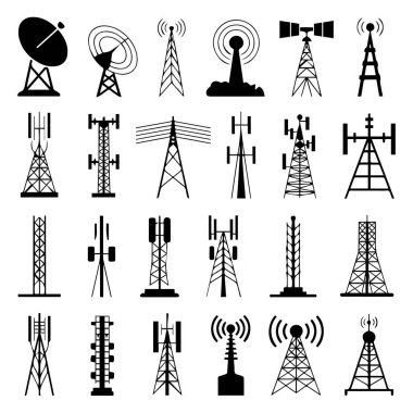 Beyaz arkaplanda izole edilmiş çeşitli iletişim kulelerinin ve antenlerin siluetleri vektör sanatı