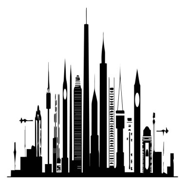 Beyaz arka planda çeşitli binalar ve gökdelenler olan bir şehrin silueti.