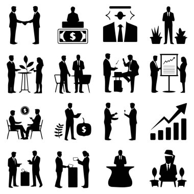 Bu simge setinin vektör sanatı şirket ortamında iş anlaşmaları, finansal büyüme ve başarılı müzakereleri temsil etmektedir.