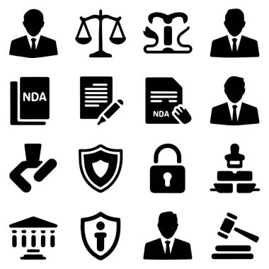 Bu vektör grafiğinin vektör sanatı beyaz arkaplanda izole edilmiş bir hukuk ve yasal simge koleksiyonu içerir