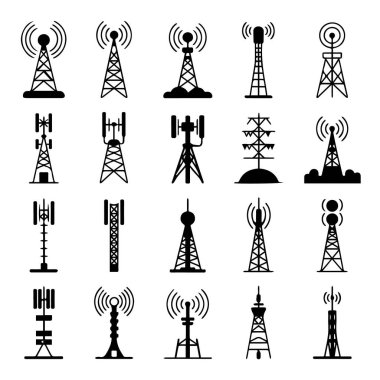 Beyaz arkaplanda izole edilmiş çeşitli iletişim ve iletim kulelerini tasvir eden siyah siluet simgelerinin vektör sanatı