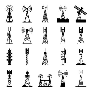 Beyaz arka planda izole edilmiş çeşitli iletişim kulelerini ve uydu antenlerini temsil eden siyah siluet simgelerinin bir koleksiyonu.