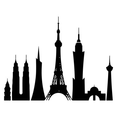 Beyaz arka planda izole edilmiş, çarpıcı bir şehir siluetinin vektör sanatı ünlü mimari simgeler sergiliyor.