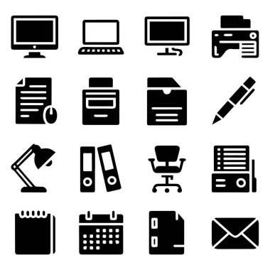 Beyaz arkaplanda izole edilmiş ofis ikonları koleksiyonunun vektör sanatı