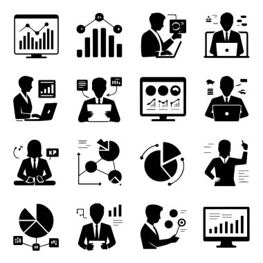 Beyaz arkaplanda izole edilmiş iş analitik ve veri görselleştirme simgelerinin bir koleksiyonunun vektör sanatı