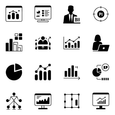 Beyaz arkaplanda izole edilmiş çeşitli iş ve veri analiz simgelerinin vektör sanatı