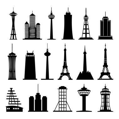 Dünyanın dört bir yanındaki ünlü kulelerin ve binaların siluetleri beyaz arka planda izole edilmiş.