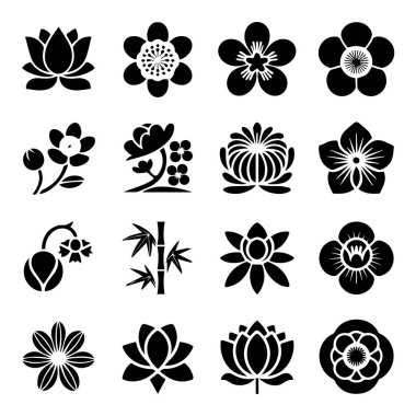 Beyaz arkaplanda izole edilmiş on altı adet siyah beyaz çiçek vektör illüstrasyonunun vektör sanatı