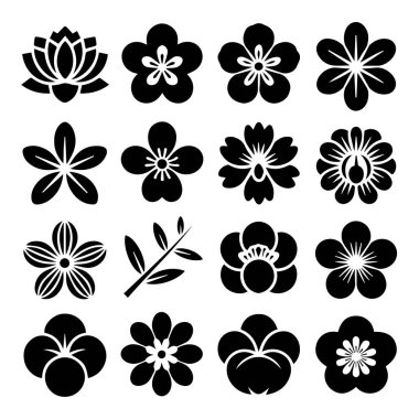 Beyaz arkaplanda izole edilmiş on altı adet siyah beyaz çiçek vektör çiziminin vektör sanatı