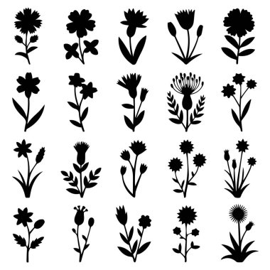 Beyaz arkaplanda izole edilmiş 20 siyah-beyaz kır çiçeği vektör illüstrasyonundan oluşan bir kolleksiyon vektör sanatı