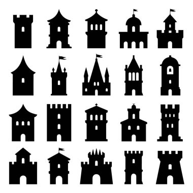 Çeşitli kale ve kule siluetleri vektör sanatı, tarihi mimari ve fantezi manzaraları çağrıştırıyor