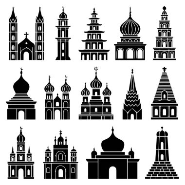 Çeşitli dini ve mimari simgelerden oluşan siluetler beyaz bir zemin üzerinde duruyor.