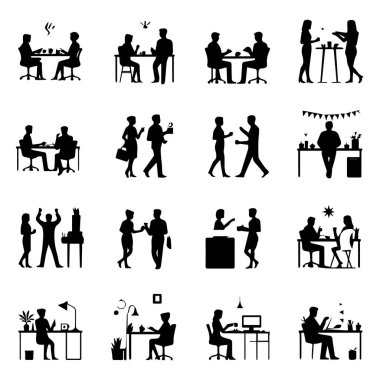 Toplantılarda ve ofis ortamlarında iş insanlarının siluetlerinin vektör sanatı beyaz arka planda resmedilir