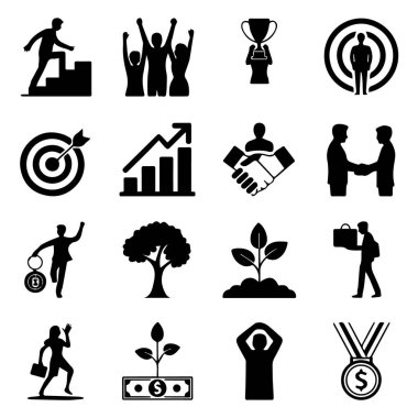 Büyümeyi, takım çalışmasını ve başarıyı tasvir eden bir dizi iş ve başarı simgesi.