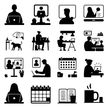 Uzak çalışma, çevrimiçi toplantılar ve ev ofis ayarlarını gösteren siluet simgelerinin vektör sanatı