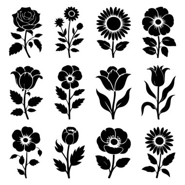 Dekoratif tasarımlar için güller ve diğer çiçeklerin yer aldığı bir dizi çiçek siluetinin vektör sanatı