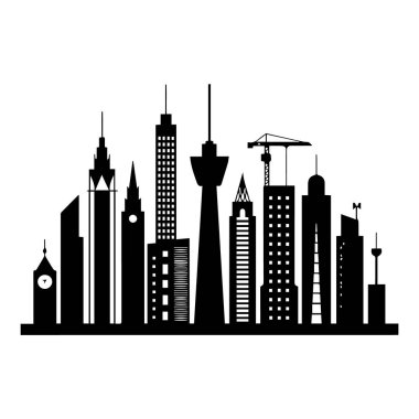 Beyaz arka planda izole edilmiş modern bir şehir manzarasının çarpıcı siyah silueti mimari çeşitliliği gösteriyor