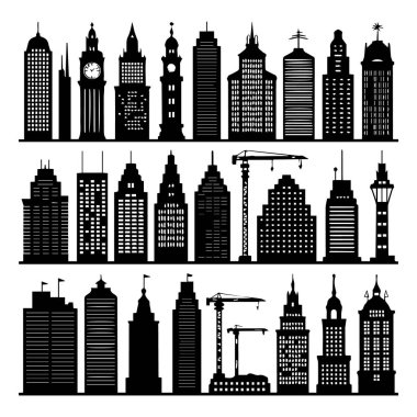 Beyaz arkaplanda izole edilmiş siluet koleksiyonunun vektör sanatı çeşitli mimari tarzları temsil eder