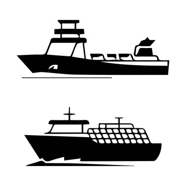 Beyaz arka planda izole edilmiş, farklı türde teknelerin siyah-beyaz vektör çizimlerinin vektör sanatı