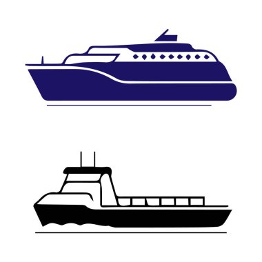 Mavi ve beyaz bir yolcu gemisinin ve beyaz arka planda izole edilmiş siyah ve beyaz bir feribotun tasviri.