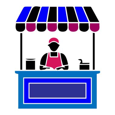 Beyaz arka planda izole edilmiş çizgili bir şemsiye altında pazarda hizmet eden kişi vektör sanatı